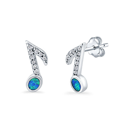 Musical Note Stud Earrings Lab Created Blue Opal 925 Sterling Silver (12mm)